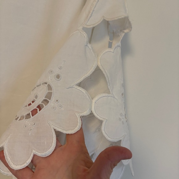 Handmade Upcycled Linen Tablecloth Square Neck White Lace Sleeve Women's Top - Picture 4 of 9